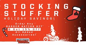 Want to complete your vision by adding some of our other parts to your custom Bagger project? Maybe you want to add our Razorback winged stretch tank or one of our steel front fender kits to your composite order? Perhaps a Chin Scoop or Scoowl fairing extension is on your list? No problem. Feel free to add any of our products to your composite "KIT" order and we'll extend a special holiday package discount* of 15% off all added accessories! Of course, it all ships for free! Bagger Nation Kits ht