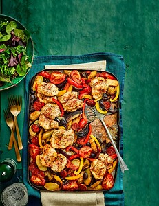 This Spanish-style chicken traybake recipe is full of flavour and deliciously easy