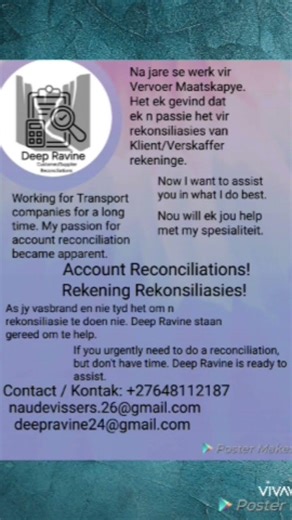 Deep Ravine Customer/Supplier Account Reconciliations