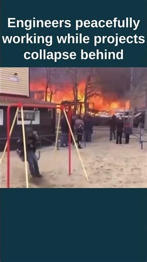Engineers peacefully working while projects collapse behind
