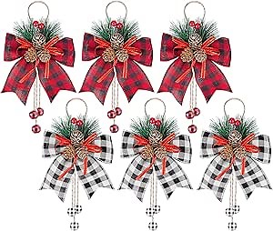 6 Pcs Christmas Burlap Plaid Bows with Pine Cones Pine Needles, Large Christmas Decoration Buffalo Plaid Bows, Xmas Wreath Bow Buffalo Check Bow for Holiday Crafts Home Party Tree Decor