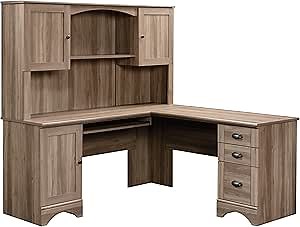 Sauder Harbor View Corner Hutch Desk Ste, Salt Oak Finish