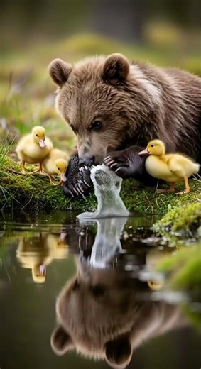 When Ducklings Met a Playful Bear Cub by the Pond 🌼🐻🐥