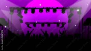 Animated karaoke background with silhouettes of concert goers and blur shiny effect. music event stage. Great for lyric, karaoke or concert templates.
