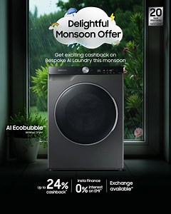 394K views · 1K reactions | Wash away your laundry trouble with the rain, get the Bespoke AI Washing Machine range at upto 24% cashback this monsoon! #Samsung #BespokeAI #Monsoon #WashingMachine | Samsung | Facebook