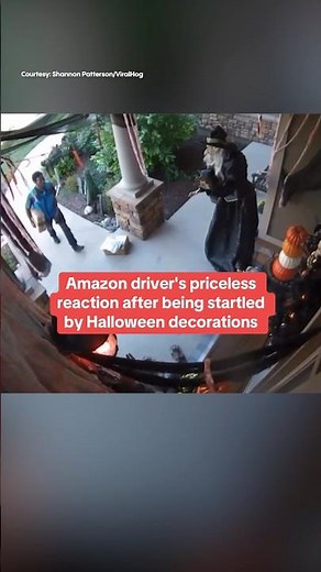 Amazon driver's priceless reaction after being startled by Halloween decorations 😅