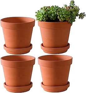 Yishang Large Terra Cotta Pots with Saucer- 4 Pack Large 6'' Terra Cotta Plant Pot with Drainage Hole, Flower Pot with Tray, Terracotta Pot for Indoor Outdoor Plant