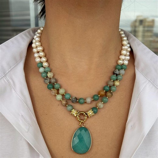Handmade Amazonite Necklace, Freshwater Pearl Jewelry, Layered Gemstone Choker, Statement Necklace Women - Etsy