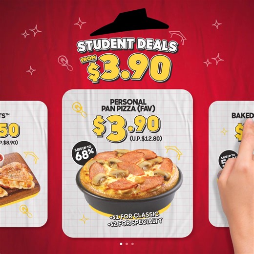 3.6K views · 12 reactions | Done with exams? Say less! Treat yourself to student deals from just $3.90. We've got that post-exam munch covered. ​ Plus, you can add $1 to make it a full meal! Available on weekdays until 5pm for student up until JC/Poly/ITE, for dine-in and takeaway only! Don't forget your student card for verification! 着 | Pizza Hut | Facebook