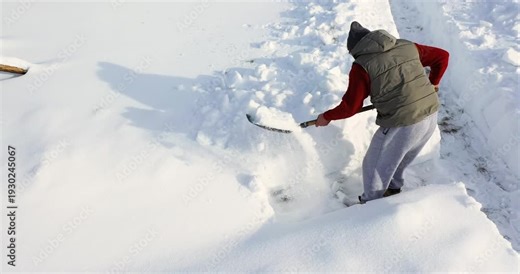 Watch a man methodically break through deep snow with focused determination, clearing a steady path step by step while battling the weight and resistance of the heavy snow. 30 FPS 4k footage.