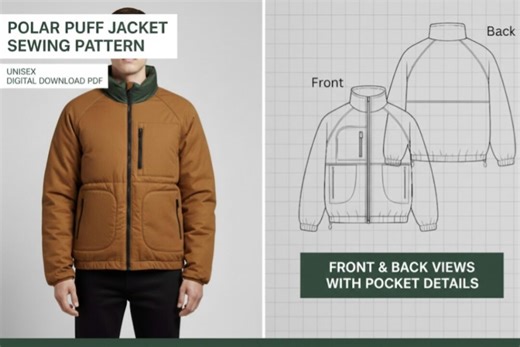 Polar Puff Jacket Sewing Pattern | High Collar Raglan Sleeve Jacket PDF | Unisex Puffer Coat Pattern | Zip-up Fleece Pattern | Sizes XS-XXL - Etsy