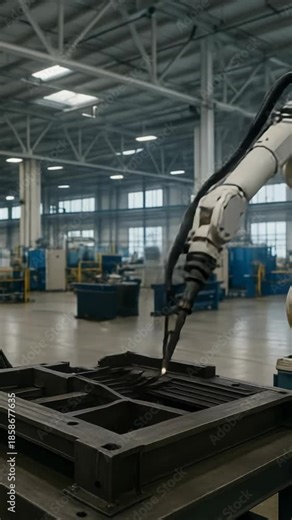 A robotic arm precisely welds a metal frame in a modern factory. Bright sparks illuminate the automated manufacturing process.