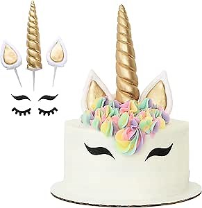 Unicorn Cake Topper with Eyelashes | Handmade Unicorn Cake Decorations, Gold Unicorn Horn, Ears, 2 Sets of Unicorn Eyelashes, Reusable Unicornio Party Decorations for Kids Birthdays
