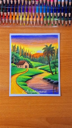 Assyabiyaart | Menggambar pemandangan menggunakan pensil warna✨️ Hightune oil based colored pencil (link dibio no 136) #tutorial #menggambar... | Instagram
