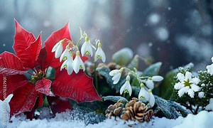 Winter flowers like poinsettias and snowdrop blossoms arranged in seasonal settings, highlighting their beauty amidst frosty surroundings Stock Video