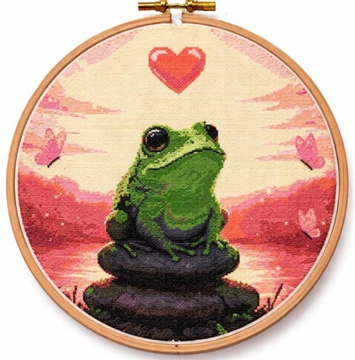 Frog in Love Cross Stitch Pattern | Embroidery Design PDF | Animal Chart | Whimsical Gift