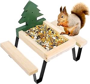Squirrel Feeder Picnic Table with Corn Cob Holder and Peanut Bowl, Premium Gift for Squirrel and Chipmunk Lovers, White