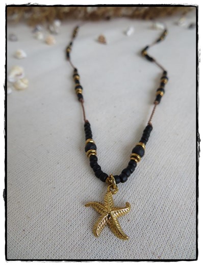 Handmade Starfish Pendant Necklace, Black Lava Toho Beads, Adjustable Summer Jewelry