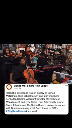 PGCNTY on Instagram: "🎥: @npr Shout out to Bishop McNamara High School faculty and staff members Kendall N. Isadore, Assistant Director of Enrollment Management, and Elise Sharp, Fine Arts Faculty, who joined Dawn Johnson and The String Queens for a performance with Grammy-winning artist Coco Jones on NPR’s #TinyDeskConcert last week."