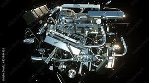 Disassembling car engine into parts, 3d animation