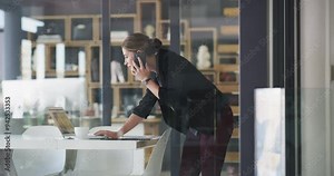 Phone call, office laptop and happy woman reading online review, feedback and report company data to corporate contact. Communication, glass window and agent consulting on project with cellphone user