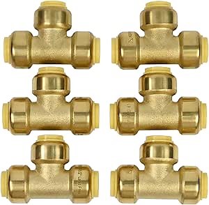 6-Pack 1/2" Push-Fit Tee Lead-Free Brass Push Connection T-fitting,1/2 sharkbite teeFitting To Connect Pex, Copper, CPVC And Disconnect Clips.