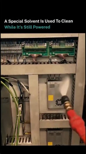 How PAGE? on Instagram: "Live cleaning electronics looks reckless at first glance, liquid sprayed directly onto exposed chips, wiring, and delicate circuitry. But this method is actually a real maintenance technique used to clean energized hardware without shutting systems down. The solvent is non-conductive, meaning electricity can't travel through it, so technicians can flush dust, flux, oils, and residue off boards while the system continues running. It restores thermal performance, prevents 