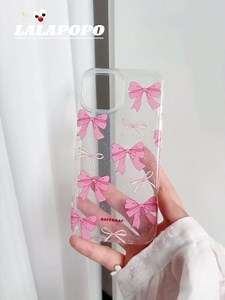 Bow Phone Case Compatible with iPhone 13 Pro, Slim Clear Glitter Shiny Bling Cover Aesthetic Cute Pink Ribbon Bow Phone Case for Women Girls - Pink