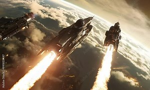 Four spaceships are shown launching into space with glowing orange flames from their engines. The ships are flying over a cloudy planet with a distant star and a sunrise or sunset.