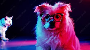 Dog in Glasses Neon Glow: A cool and stylish dog with glasses poses in a vibrant neon light, showcasing a contemporary and trendy aesthetic with a touch of playful personality. The image evokes a sen