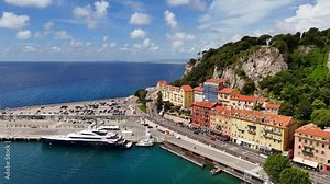 Nice city, France aerial view. The Cote d'Azur in the southern part of France. French Riviera. Colline du Chateau, Drone view.