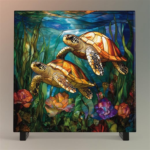 Under the Sea Turtles Ceramic Tile - Stained Glass Look Coral Reef Art - Etsy