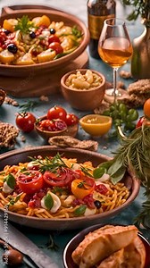 Mediterranean cuisine dishes food background on plates on restaurant table, tasty healthy meal.