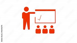 Training icon, coaching concept, teacher and learner, presentation, conference, lesson, seminar, education symbol. Glowing neon line of animated training icon