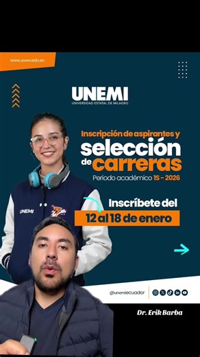 Fechas de inscripciones para #pregrado en la @UNEMI Ecuador del 12-18 de enero 2026✅ 0984970373