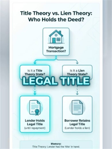 Exam Guide: Title Theory vs. Lien Theory 🏠 Ever wonder who actually holds the deed during a mortgage? It depends on your state's theory! In Title Theory states, the lender holds legal title until you pay off the loan. In Lien Theory states, you keep the title. #RealEstateExam #TitleTheory #LienTheory #MortgageTips #RealEstateEducation