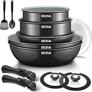 BEZIA Induction Cookware with Healthy Ceramic Coating, Nonstick Pots and Pans Set 13pcs with Detachable Handles, Induction RV Kitchen Set with Removable Handles, Oven Safe