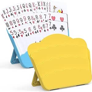 Playing Cards Holders Stands Decks w/Foldable Tabletop Stand, 3 Layers Design for Poker UNO Cards, Playing Card Accessories, Set of 2 (1 Blue + 1 Yellow)