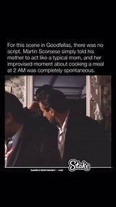 In Goodfellas (1990), Martin Scorsese created an iconic scene with his mother, Catherine Scorsese, as Tommy’s mother. Without a script, Scorsese directed her to act like a typical Italian-American mom. Her spontaneous dialogue about cooking a meal at 2 AM, brimming with warmth and authenticity, was completely improvised, capturing familial dynamics and adding a memorable, grounded moment to the film. | Historyinmemes