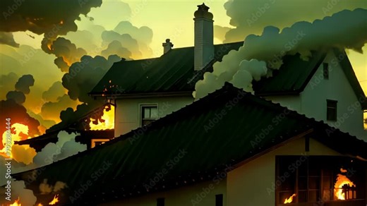 Cartoon animation of house on fire, roaring flames, dark smoke billowing into evening sky, 4K