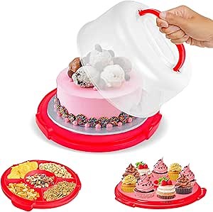 Cake Carrier With Lid and Handle – All In 1 Multipurpose Cake Storage Container Fits 10" Cake, 11 Cupcakes & A Cake Plate Serves as 5 Section Serving Tray for Snacks & Fruit - Red