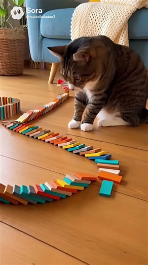 主が並べたドミノを倒す猫 #ai #cat #猫 #cute #funny#ドミノ
