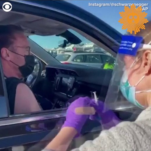 Former California Governor Arnold Schwarzenegger received his COVID-19 vaccine in Los Angeles on Wednesday. The actor encouraged others to get the shot by quoting one of his famous "Terminator" lines: "Come with me if you want to live." | CBS Sunday Morning