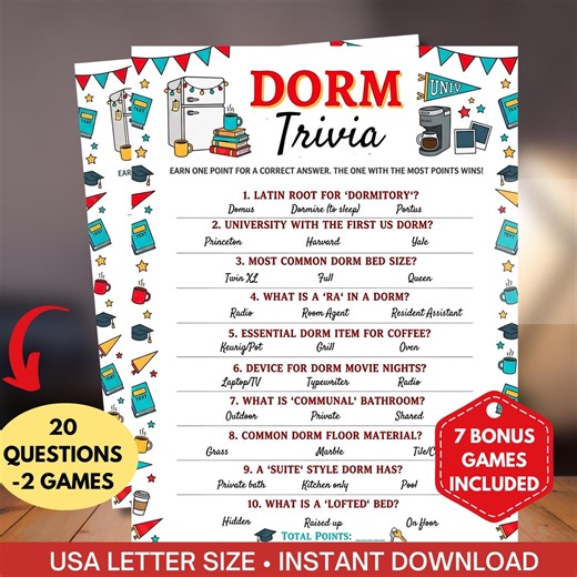 Dorm Life Trivia Game Printable,uni Graduation Party Quiz,roommate Game Night,school & College Icebreaker,freshman Orientation Activity - Etsy