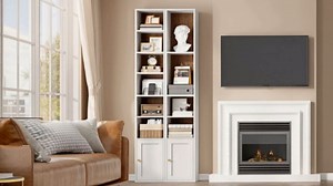 RALGEND 7-Tier Tall Narrow Bookshelf with Door, 70.9 Inches CD DVD Slim Media Tower Rack with Storage Cabinet, Adjustable Shelves, Skinny Bookshelf Display Bookcase for Home Office, White and Walnut