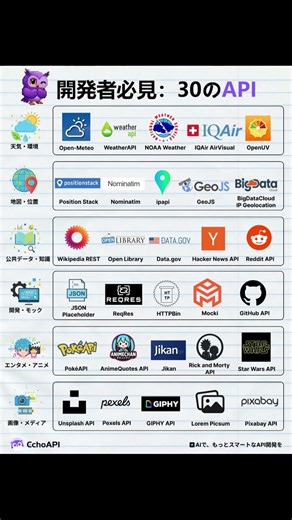 無料で使えるAPI30選🦉天気・地図・データ・モック・アニメ・画像まで、6カテゴリ × 各5つの便利APIをぜんぶ詰め込んだセット #エンジニア
