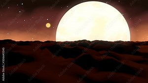 Abstract camera flight at Mars landscape surface and Sun planet in a starfield background.