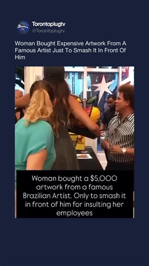 TorontoPlugTV on Instagram: "A Miami restaurant owner smashed a $4,800 porcelain artwork by renowned artist Romero Britto at his Miami Beach gallery. The incident took place during a meet-and-greet at Britto’s Lincoln Road gallery. The woman, owner of Tapelia restaurant, allegedly reacted to Britto’s mistreatment of her staff during a prior visit to her establishment. In a widely viewed video, she hurled the artwork, titled ‘Big Apple’ to the ground, declaring in Portuguese, “Never go to my rest