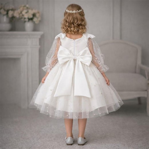 White First Communion Dress, Pearl Tulle, Long Sleeve, Big Bow Back - Etsy