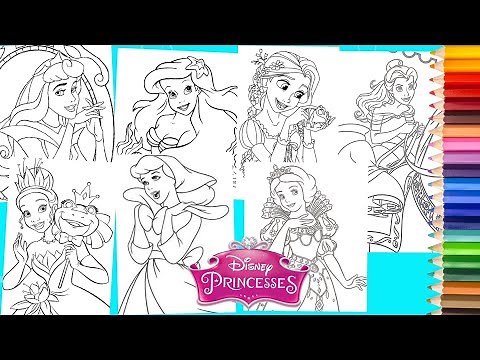 Coloring Princess Ariel Snow White Cinderella Aurora Tiana COMPILATION for kids